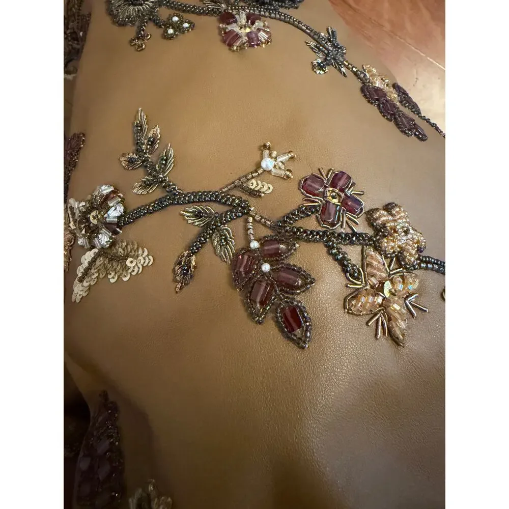 Escada Hand-Beaded Lamb Nappa Leather A-Line Skirt Camel EU 38/US 4 - Picture 3 of 6